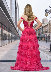 Beverly | Fuchsia A Line Off the Shoulder Ruffle Prom Dress with Slit - Fuchsia - PromDressClub